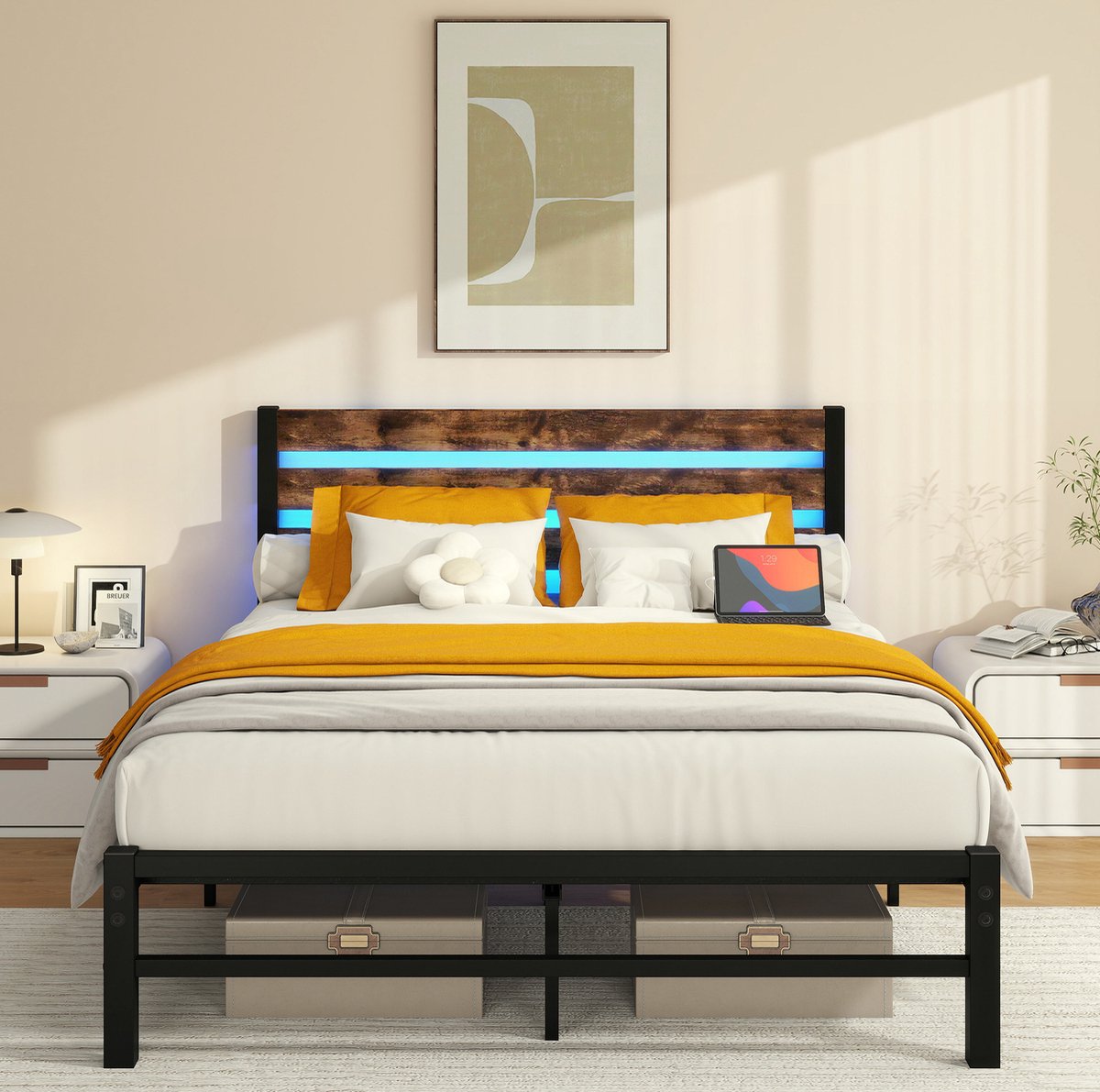 STILVORA Bed 140x200 cm – USB En LED – 27 cm Onderbedopbergruimte – Voor Volwassenen – Metaal En MDF – Antique Brown – Zonder Matras