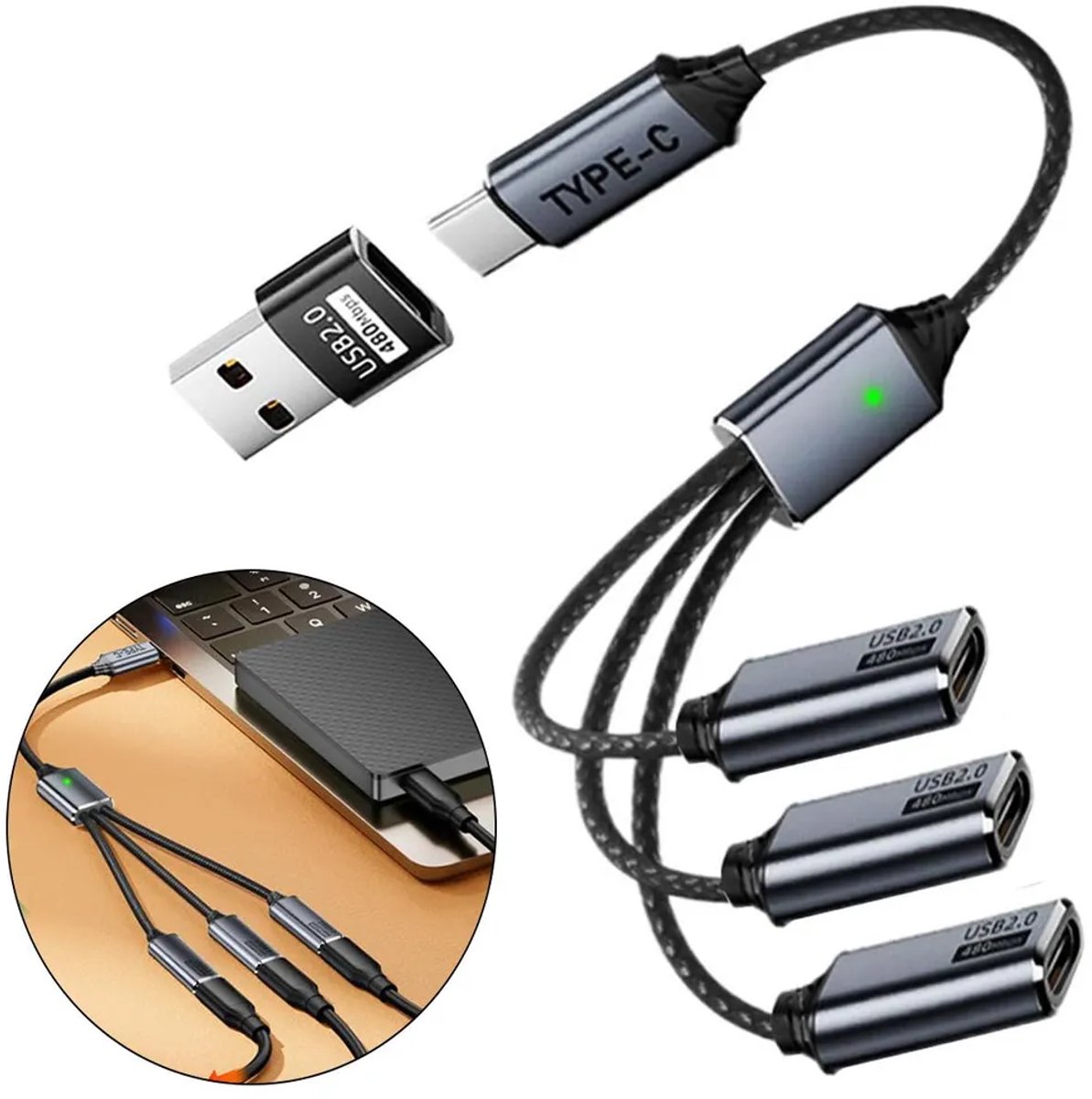 USB-C 1 naar 3 splitter, USB Type-C splitter adapterkabel, multifunctionele adapter Geschikt voor gegevensoverdracht en opladen, dubbele USB-C poorten.
