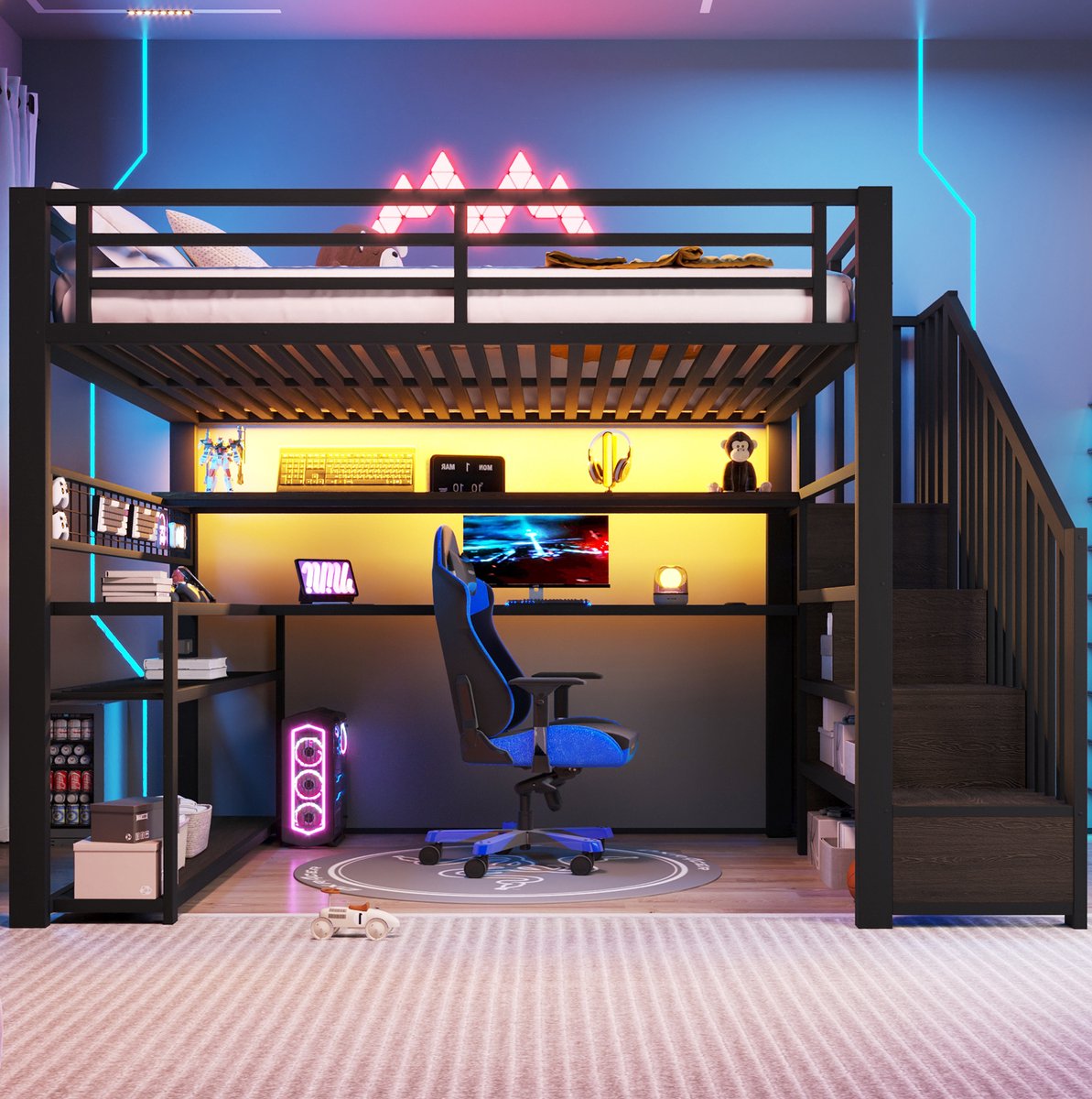 Hoogslaper 140x200 cm – Met Ledverlichting, Bureau En Kledingkast – Trap Met Opbergruimte – Voor Studentenkamer – Metaal En MDF – Zwart – Zonder Matras