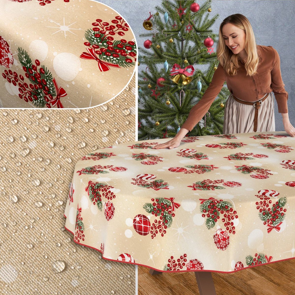 ANRO Tafelkleed Kerstballen Beige Ovaal 180x140cm Met sierband Afwasbaar Waterafstotend