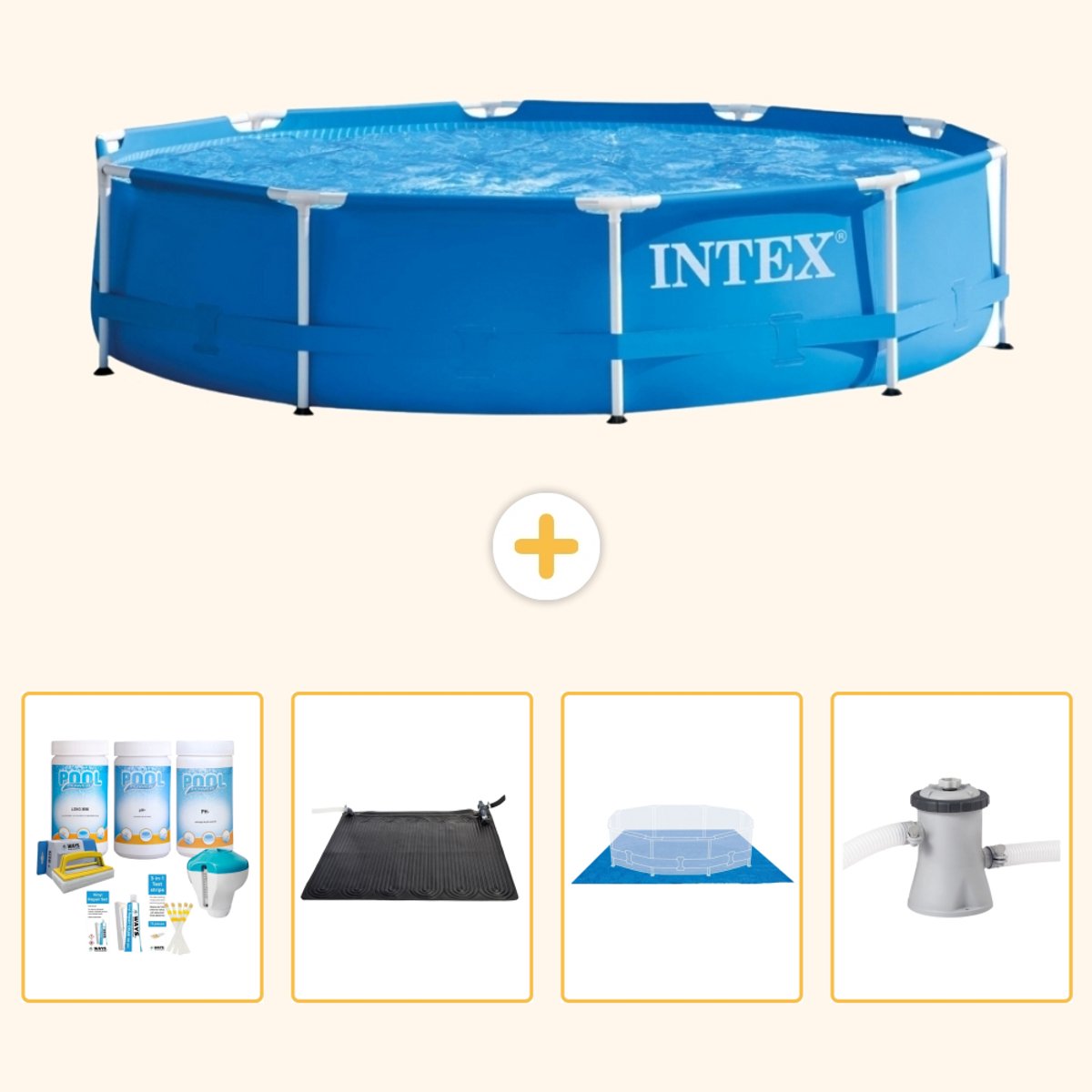 Intex Rond Frame Zwembad - 305 x 76 cm - Blauw - Inclusief Onderhoudspakket - Solar Mat - Grondzeil - Zwembadfilterpomp - 5-delig