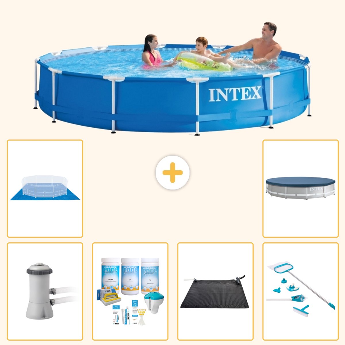 Intex Rond Frame Zwembad - 366 x 76 cm - Blauw - Inclusief Pomp - Onderhoudspakket - Solar Mat - Schoonmaakset - Grondzeil - Afdekzeil - 7-delig