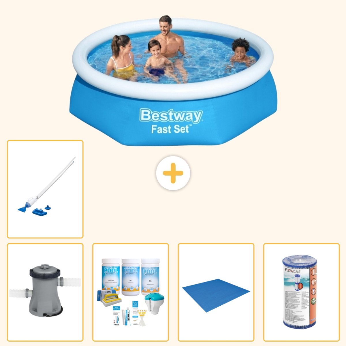 Bestway Rond Opblaasbaar Fast Set Zwembad - 244 x 61 cm - Blauw - Inclusief Pomp - Onderhoudspakket - Grondzeil - Filter - Stofzuiger - 6-delig