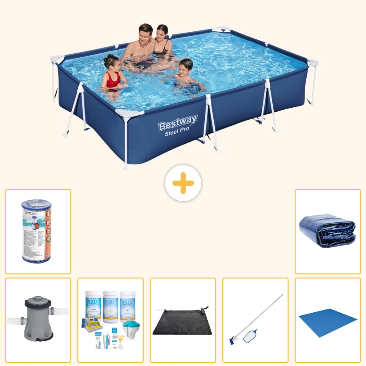Bestway Rechthoekig Steel Pro Zwembad - 300 x 201 x 66 cm - Blauw - Inclusief Pomp - Onderhoudspakket - Solar Mat - Schoonmaakset - Grondzeil - Filter - Solarzeil - 8-delig