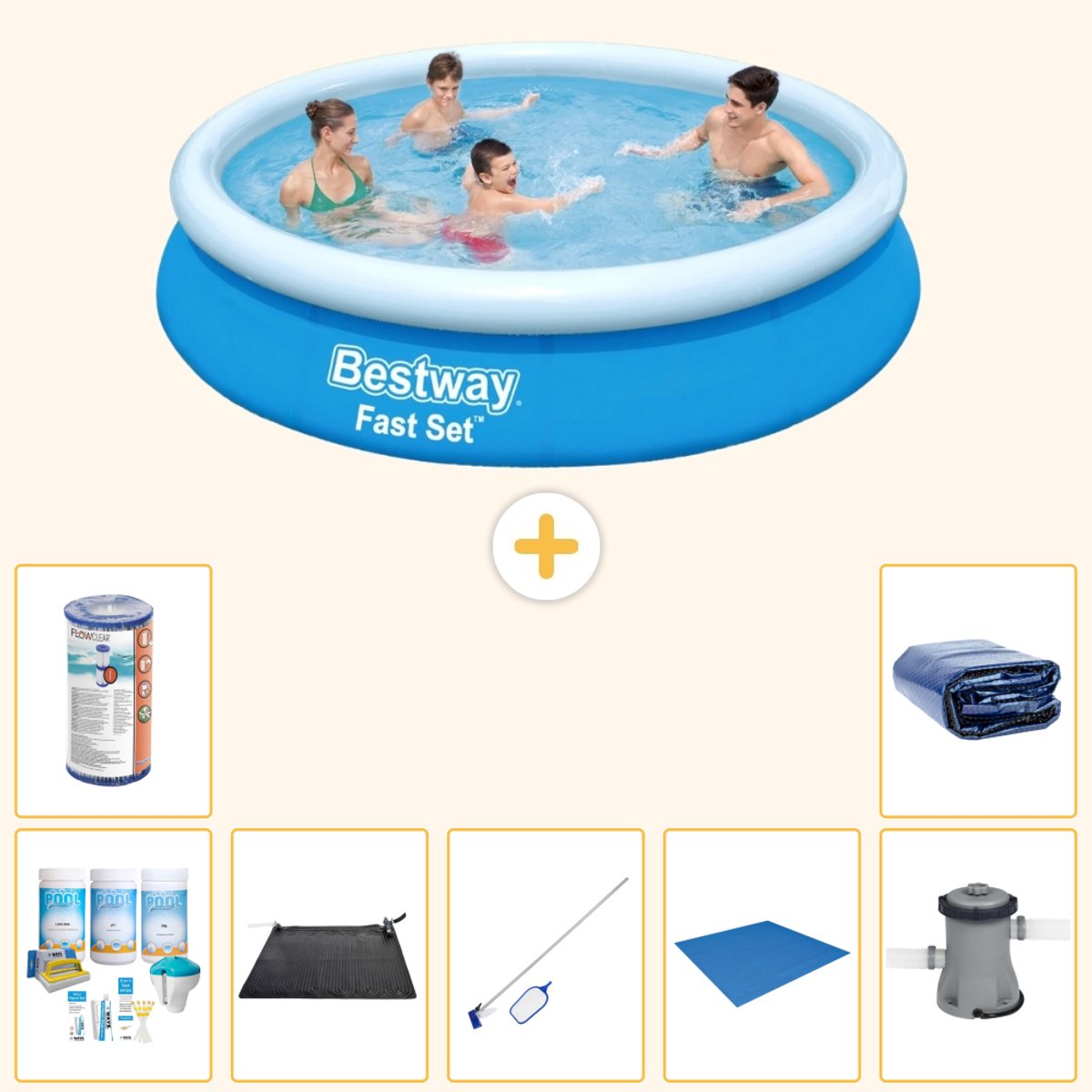 Bestway Rond Opblaasbaar Fast Set Zwembad - 366 x 76 cm - Blauw - Inclusief Onderhoudspakket - Solar Mat - Schoonmaakset - Grondzeil - Filter - Zwembadfilterpomp - Solarzeil - 8-delig