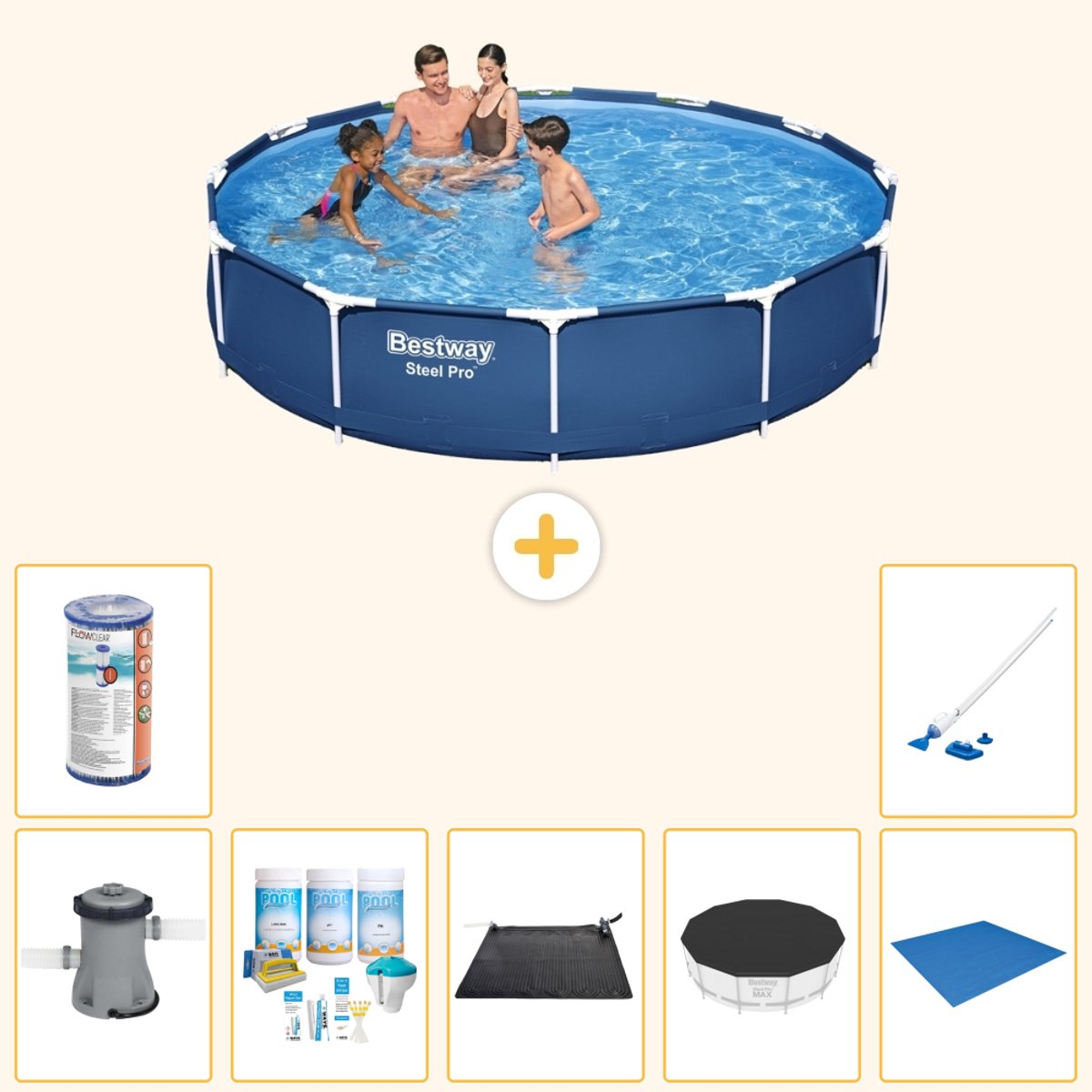 Bestway Rond Steel Pro Zwembad - 366 x 76 cm - Blauw - Inclusief Pomp - Onderhoudspakket - Solar Mat - Afdekzeil - Grondzeil - Filter - Stofzuiger - 8-delig