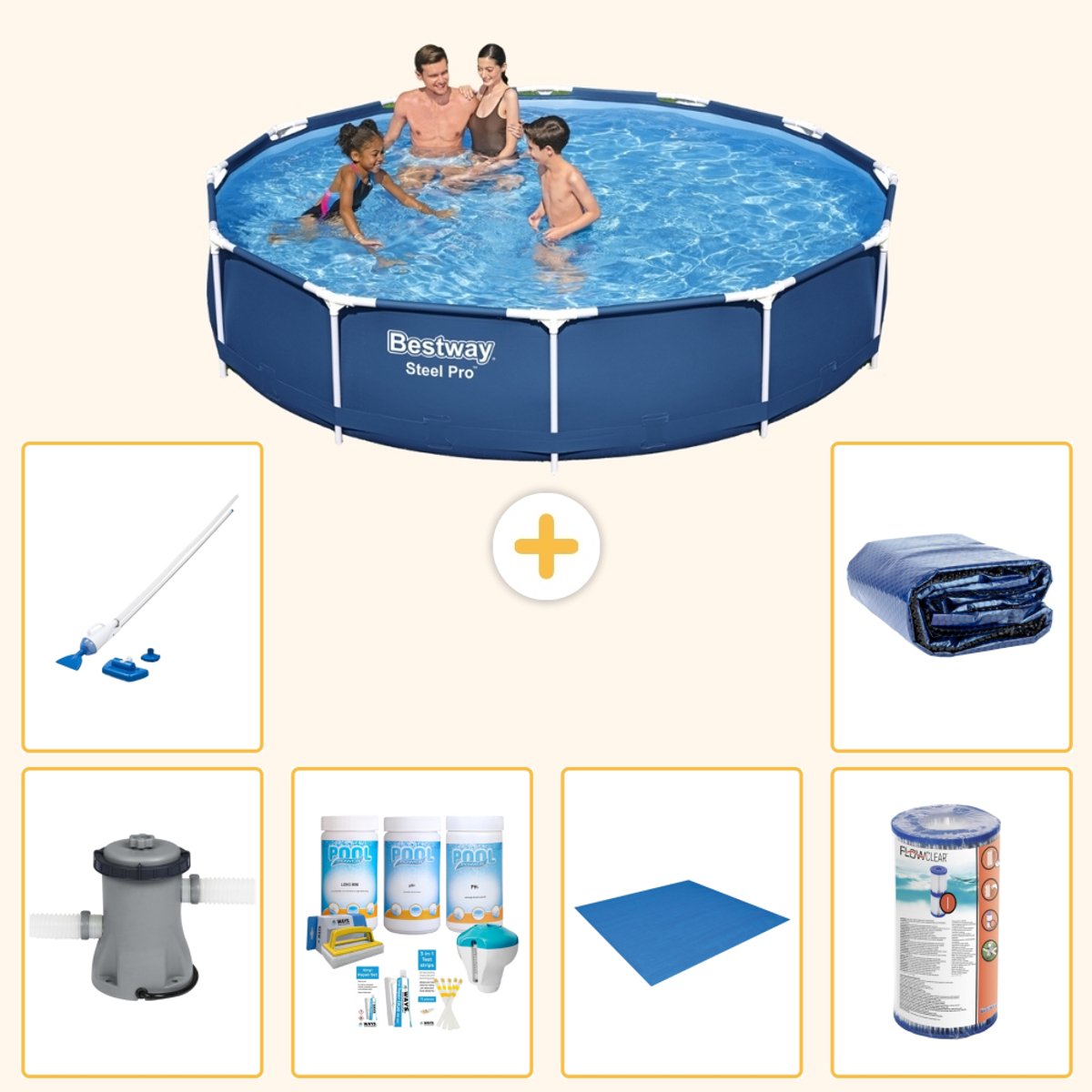 Bestway Rond Steel Pro Zwembad - 366 x 76 cm - Blauw - Inclusief Pomp - Onderhoudspakket - Grondzeil - Filter - Stofzuiger - Solarzeil - 7-delig