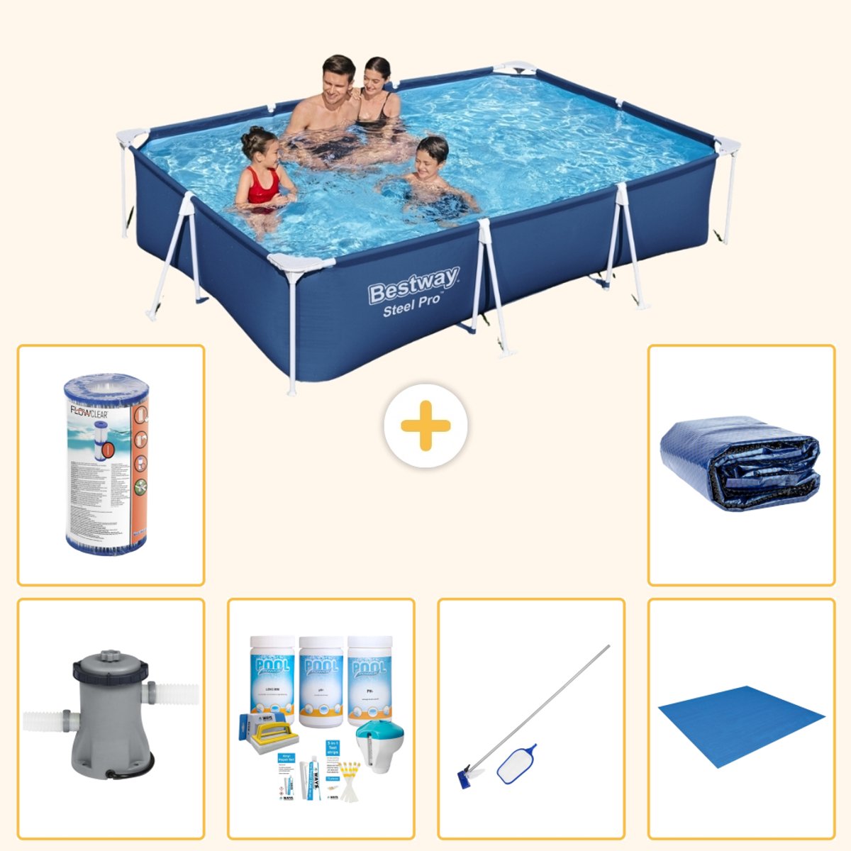 Bestway Rechthoekig Steel Pro Zwembad - 300 x 201 x 66 cm - Blauw - Inclusief Pomp - Onderhoudspakket - Schoonmaakset - Grondzeil - Filter - Solarzeil - 7-delig