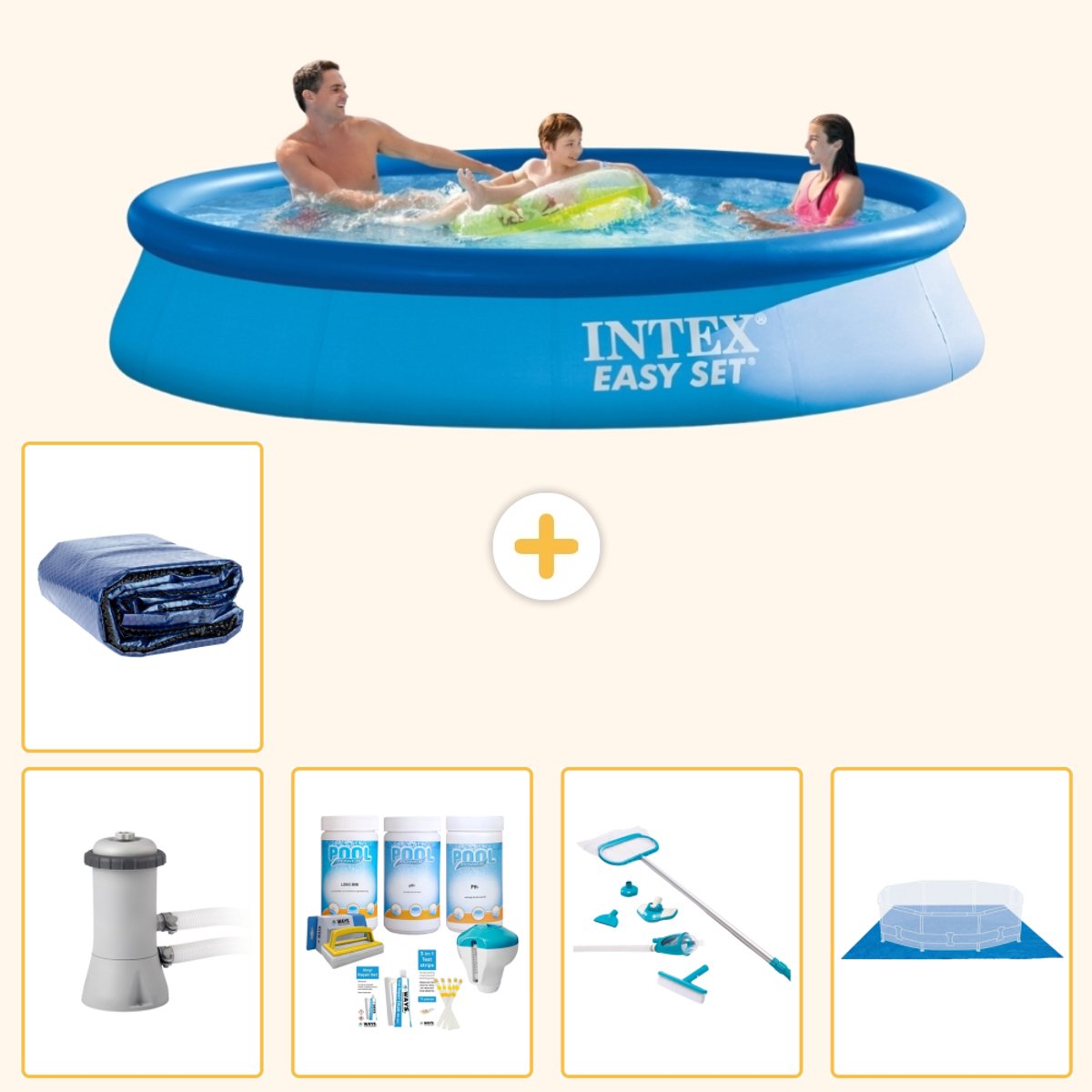 Intex Rond Opblaasbaar Easy Set Zwembad - 366 x 76 cm - Blauw - Inclusief Pomp - Onderhoudspakket - Schoonmaakset - Grondzeil - Solarzeil - 6-delig