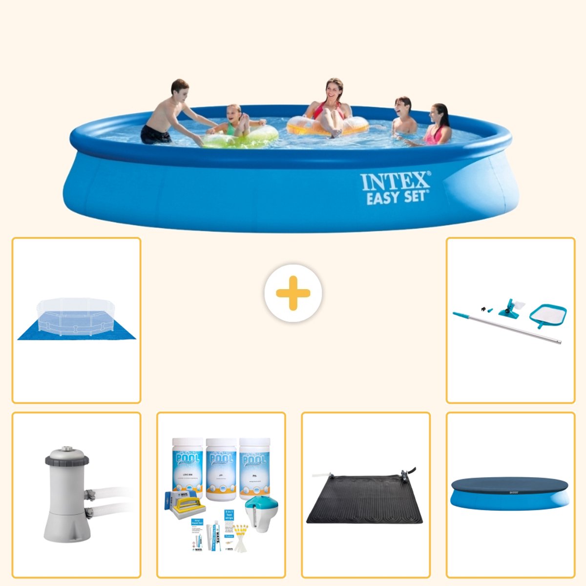 Intex Rond Opblaasbaar Easy Set Zwembad - 457 x 84 cm - Blauw - Inclusief Pomp - Onderhoudspakket - Solar Mat - Afdekzeil - Grondzeil - Schoonmaakset - 7-delig