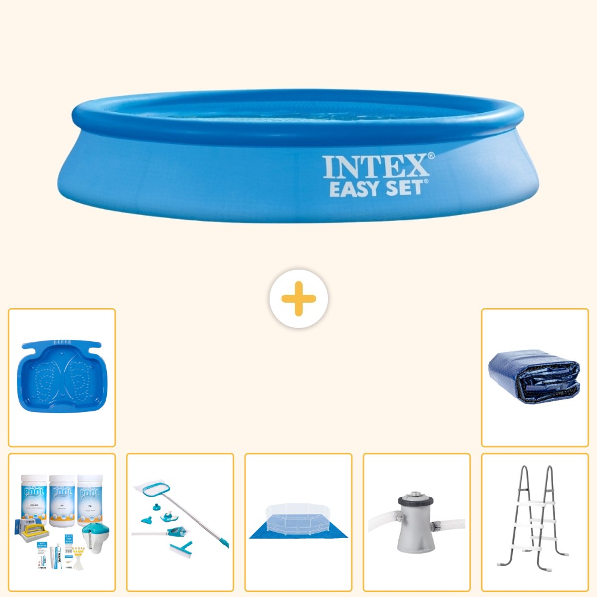 Intex Rond Opblaasbaar Easy Set Zwembad - 305 x 61 cm - Blauw - Inclusief Onderhoudspakket - Schoonmaakset - Grondzeil - Zwembadfilterpomp - Voetenbad - Ladder - Solarzeil - 8-delig