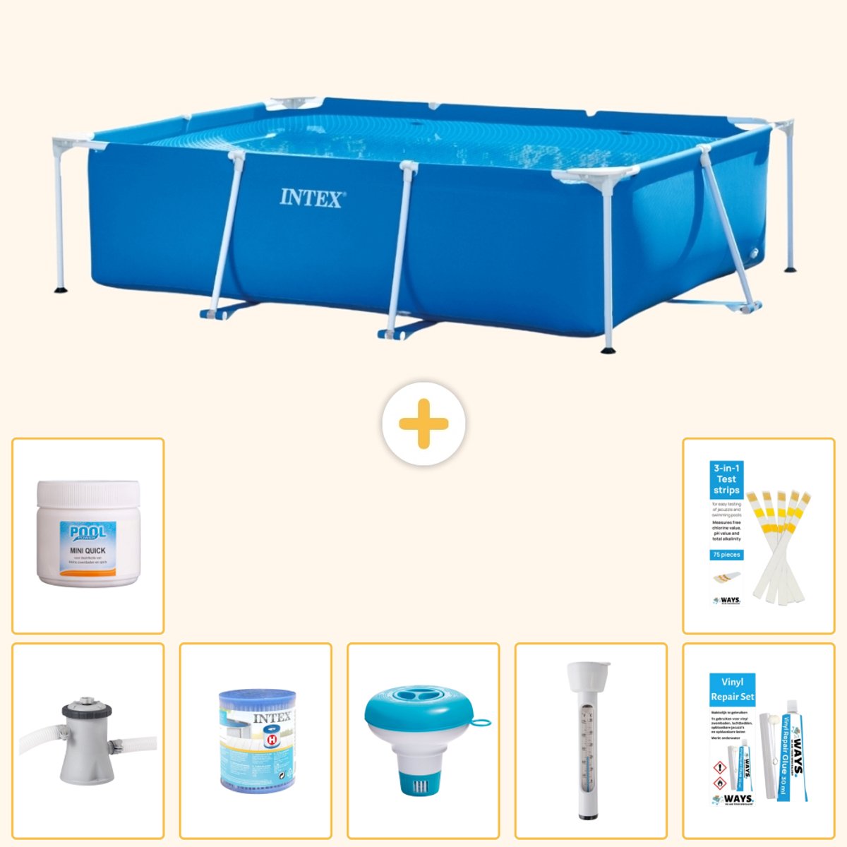 Intex Rechthoekig Frame Zwembad - 220 x 150 x 60 cm - Blauw - Inclusief Zwembadfilterpomp - Filter - Chloordrijver - Thermometer - Chloor - Reparatiesetje - Testrips - 8-delig