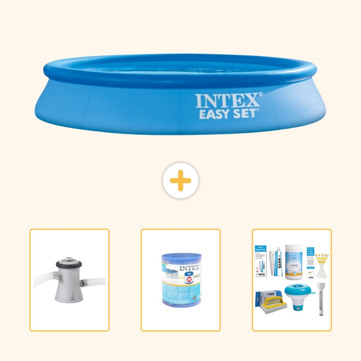Intex Rond Opblaasbaar Easy Set Zwembad – 305 x 61 cm – Blauw – Inclusief Zwembadfilterpomp – Filter – Onderhoudspakket – 4-delig