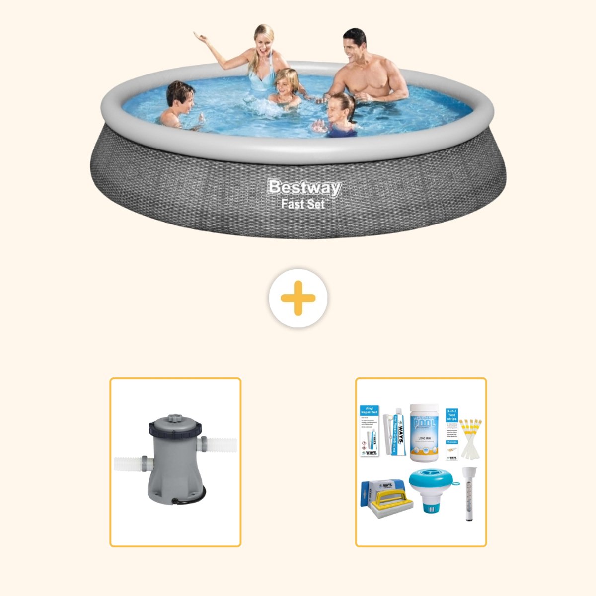 Bestway Rond Opblaasbaar Fast Set Zwembad - Rotanprint - 396 x 84 cm - Inclusief Pomp - Onderhoudspakket - 3-delig