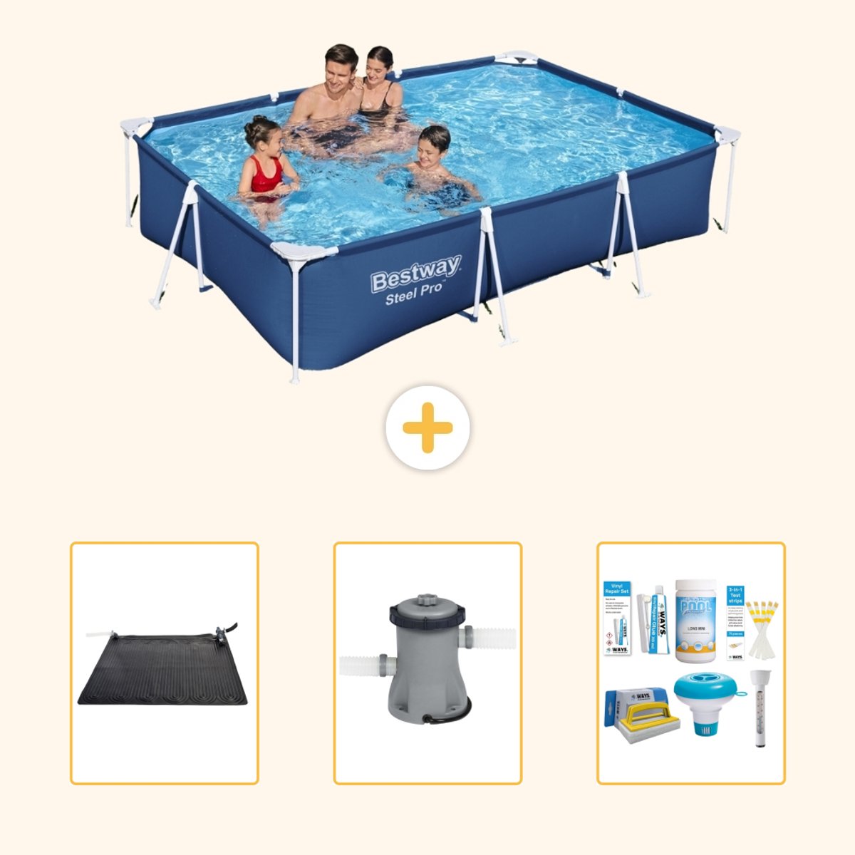 Bestway Rechthoekig Steel Pro Zwembad - 300 x 201 x 66 cm - Blauw - Inclusief Solar Mat - Zwembadfilterpomp - Onderhoudspakket - 4-delig