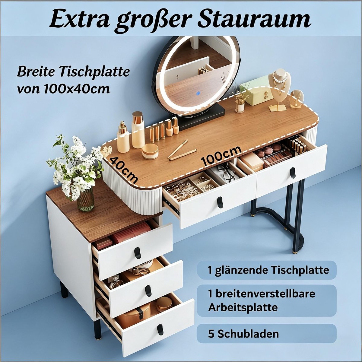 YYchan kaptafel - wit - 40 x 125 x 100 cm - met opbergruimte