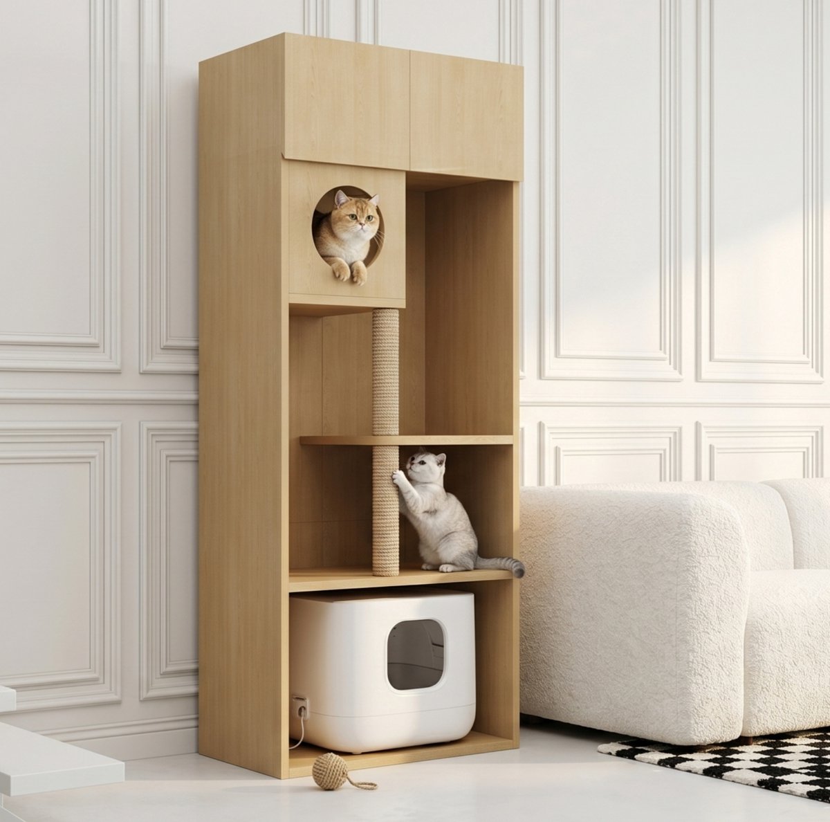 OKWISH Krabmeubel - Multifunctionele Krabpaal Met Kattenhuis En Opbergkast - Voor Woonruimte - MDF Naturel - 80 x 45 x 193 cm
