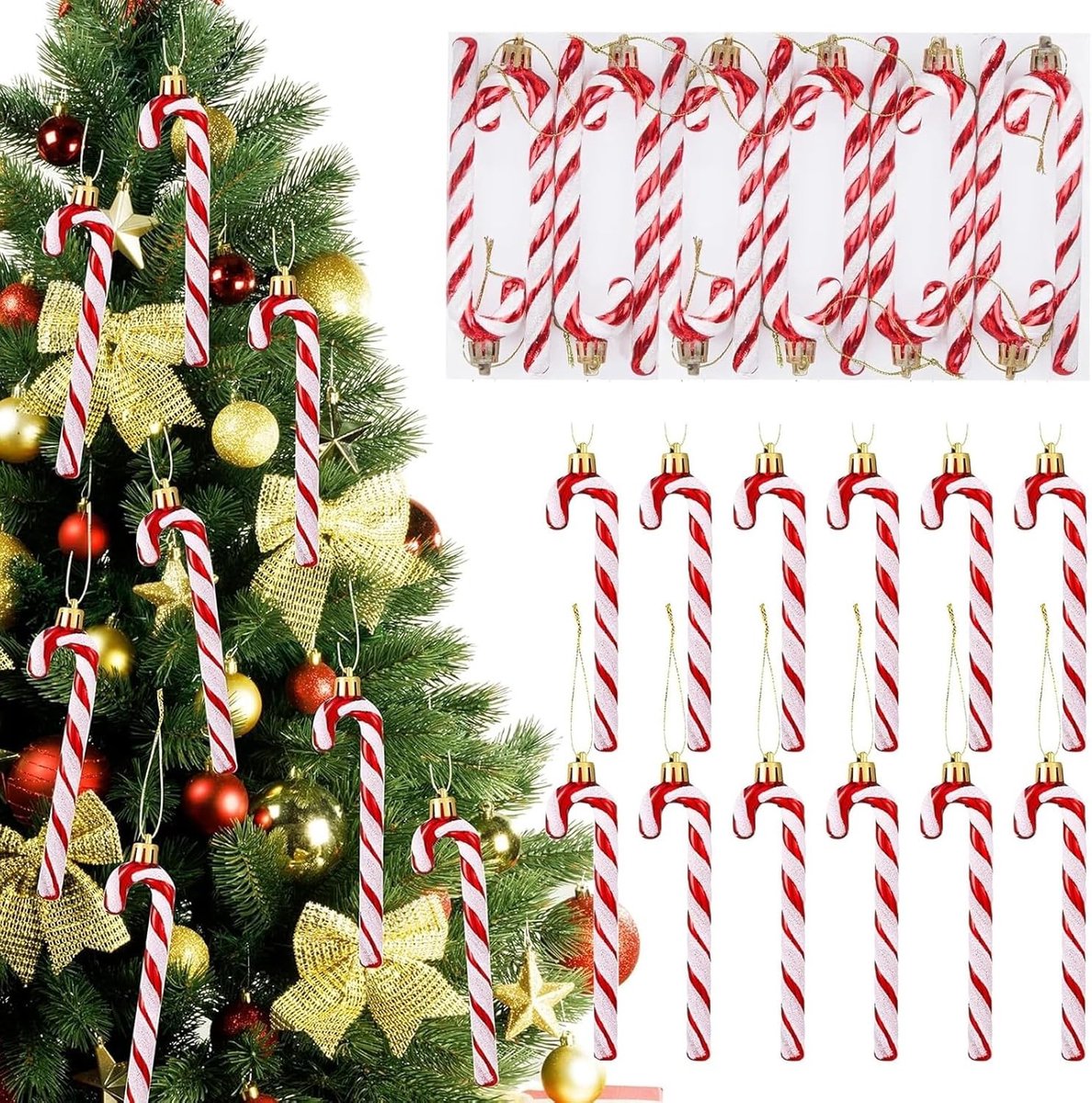 Kerstdecoratie: 12 Stuks Glitterende Suikerstokjes Hanger voor Kerstboom en Huisdieren, Ideaal voor Feestdagen en Kerstsfeer