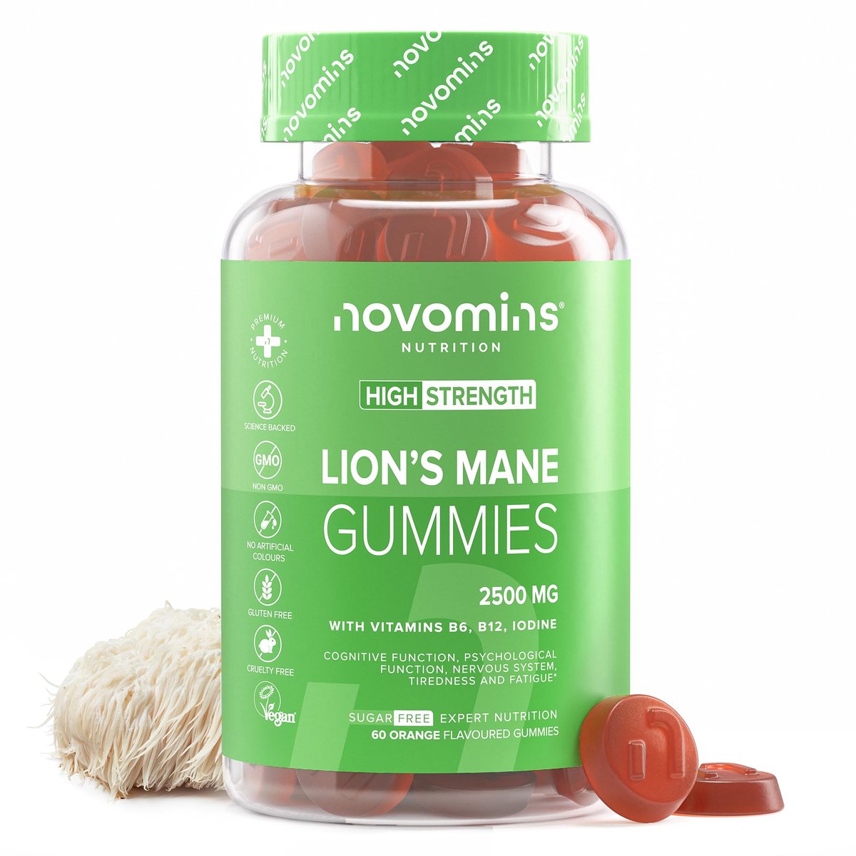 Novomins Lions Mane Gummies - 2500 mg - 60 Gummies - Sinaasappel