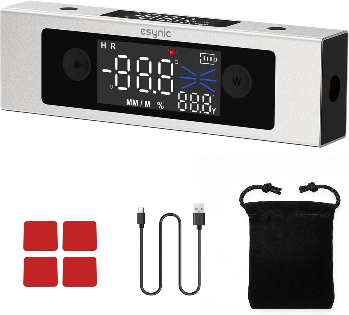 Thijox - Digitale Waterpas met 4x90° Hoekmeter, 2 Laserlijnen, Dubbel LCD, Magnetische Basis, Oplaadbare Aluminium Gradenboog - Zilver voor Houtbewerk