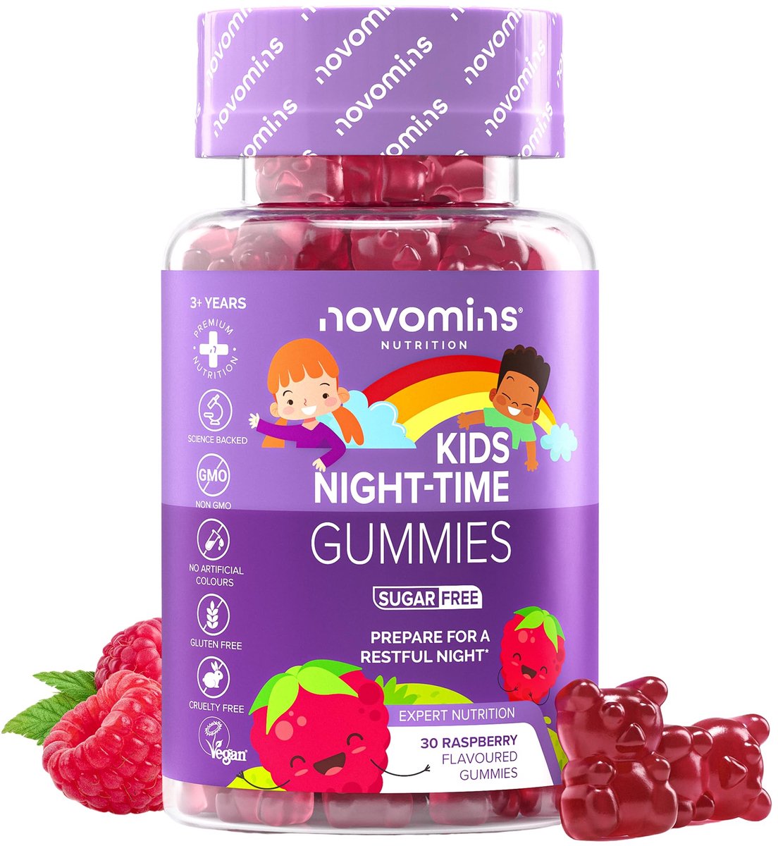 Kinder Slaap, Magnesium & L-Theanine, 30 Gummies, Suikervrij, Vegan, Halal, Getest door Eurofins, Novomins