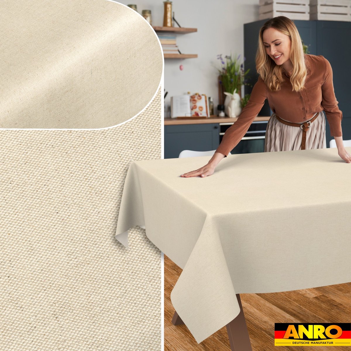 ANRO Tafelkleed Effen linnenlook Crème 140cm x 5m Rechte rand Afwasbaar Waterafstotend