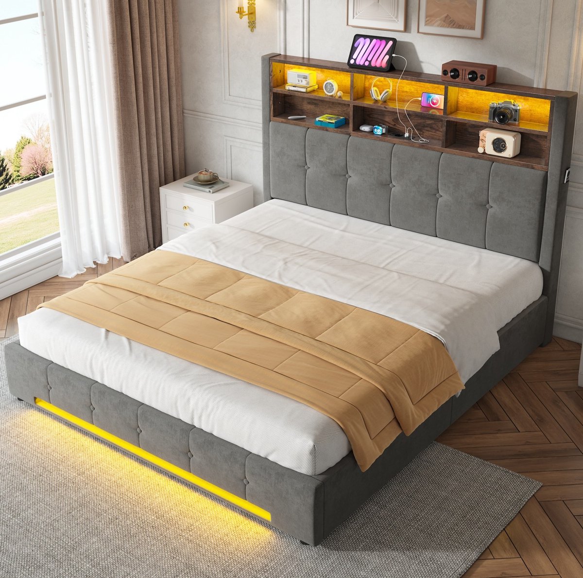 OKWISH Bed 160x200 cm - Met USB-C En LED Verlichting - Hydraulische Opbergruimte - Tweepersoons - Fluweel En Metaal - Donkergrijs - Zonder Matras