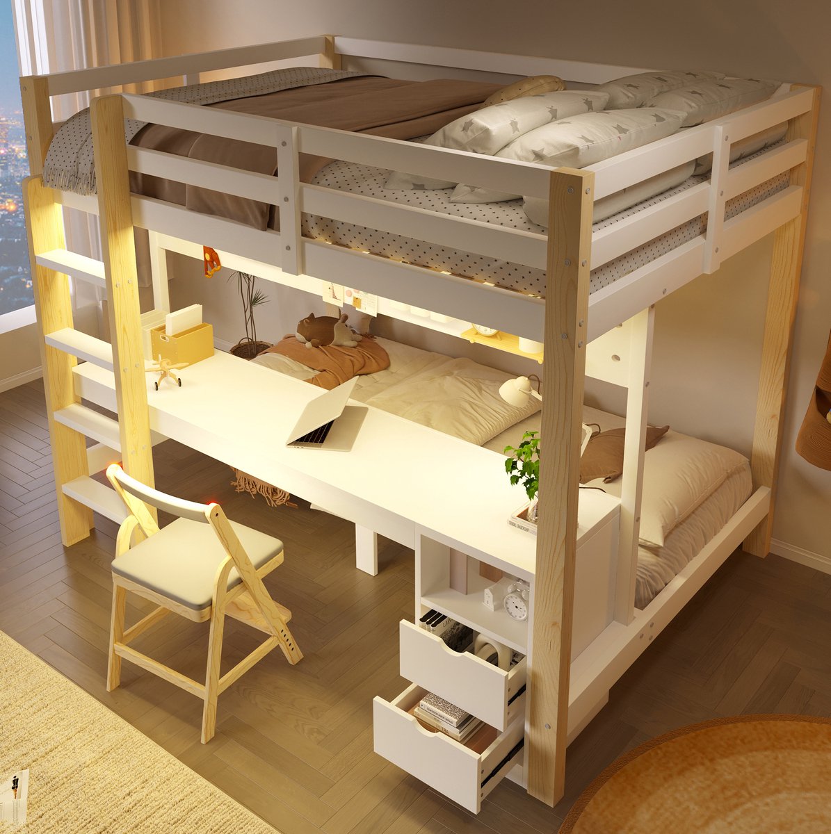 OKWISH Hoogslaper 140x200 cm En 90x200 cm - Met Bureau, Lades en Opbergpaneel - Met LED-Lichtstrip - Kinderkamer - Hout - Naturel/Wit - Zonder Matras