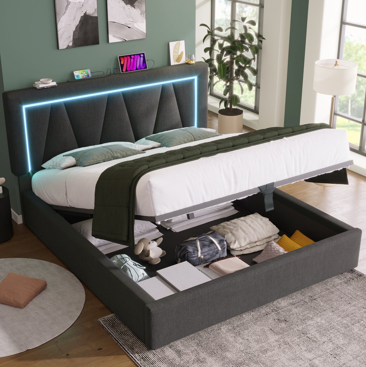 OKWISH Gestoffeerd Bed 160x200 cm - Met USB C Oplaadpunt en Led Verlichting - Met Opbergruimte - Tweepersoons - Stof - Grijs - Zonder Matras