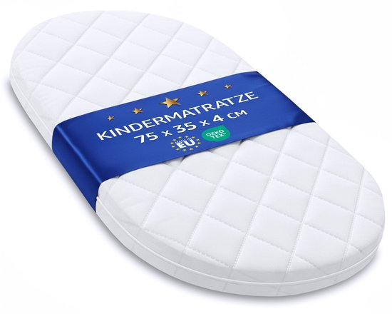Witte ovale matras met blauwe band: 'Kindermatras 75 x 35 x 4 cm'