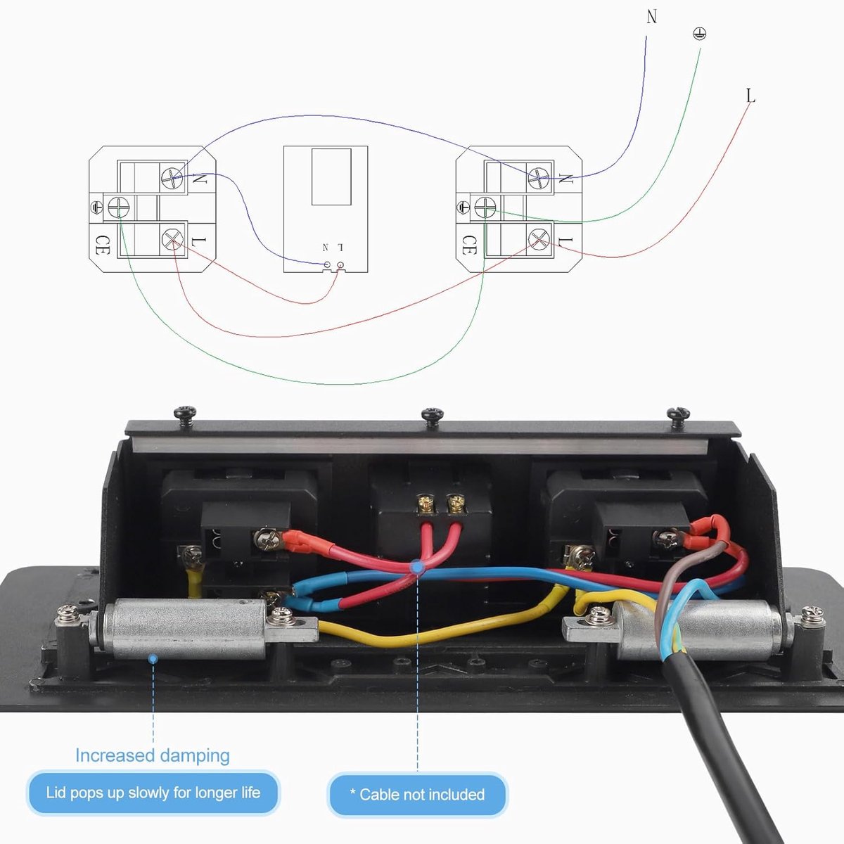 Thijox - Intrekbare Meervoudige Stekkerdoos Inbouw Tafel Zwart met 2 Stopcontacten en 2 USB Poorten voor Thuis en Kantoor