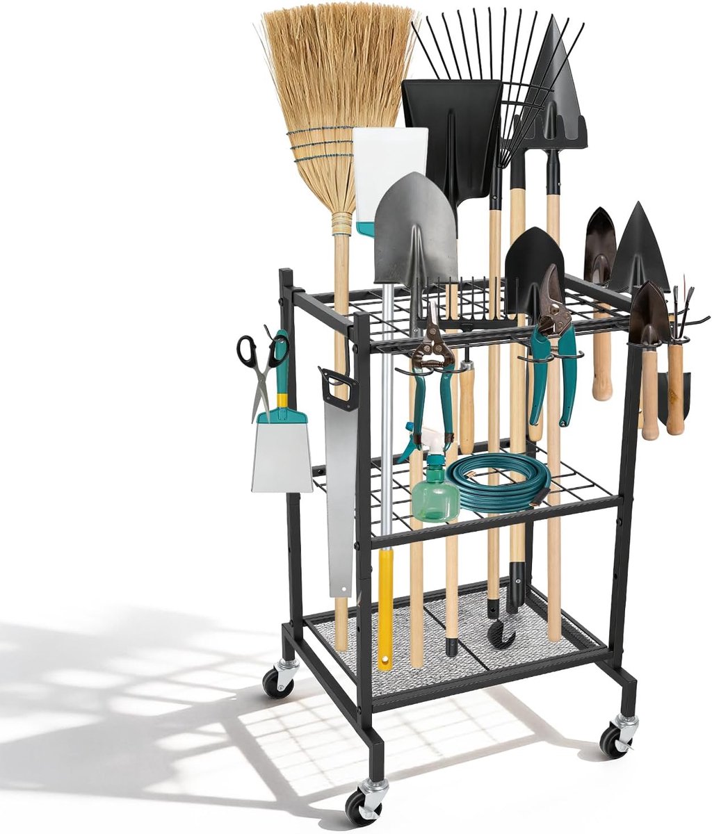 Thijox - Tuingereedschapsorganizer met wielen, multifunctionele tuingereedschapshouder voor schuur, garage, met 4 haken en 35 sleuven, gemaakt van hoo