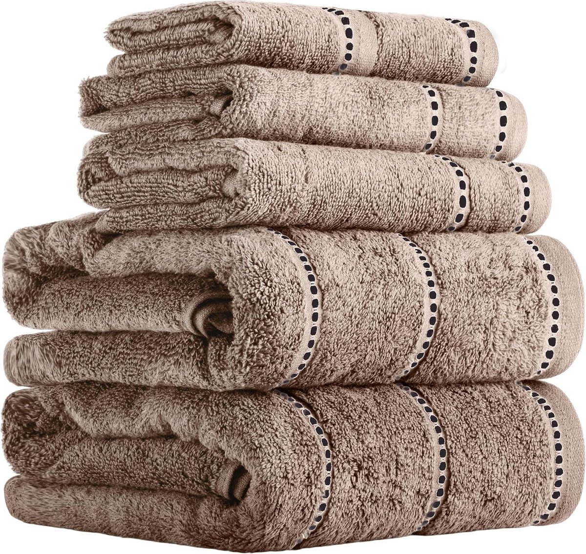 Thijox - Luxe katoenen handdoekenset sneldrogend 6-delig, Zero Twist, superzacht, 2 badhanddoeken, 2 handdoeken, 2 washandjes, taupe/zwart, 30 x 30 cm