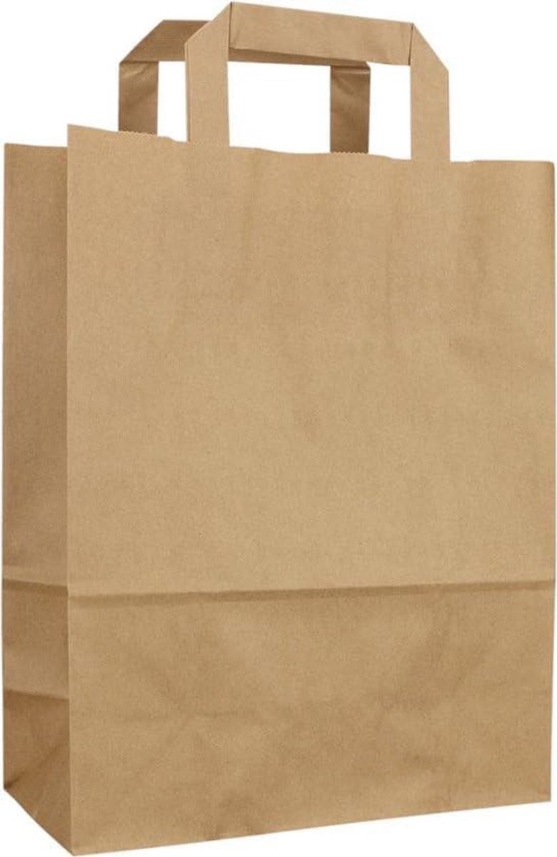 Thijox - 100 Stuks Bruine Papieren Tasjes met Platte Handgreep - Duurzame BIO Nature Kraft Draagtassen Maat 22x10x28cm voor Feesten, Cadeaus en Winkel