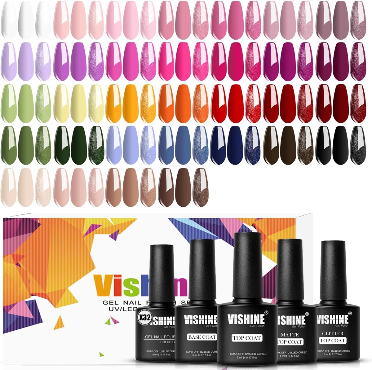 SnelShoppen - Vishine Gellak Set 36 Kleuren - Zwart, Wit, Rood, Nude, Roze - Inclusief 4 Basis- en Topcoats - Glanzend, Mat, Glitter - All-Season DIY