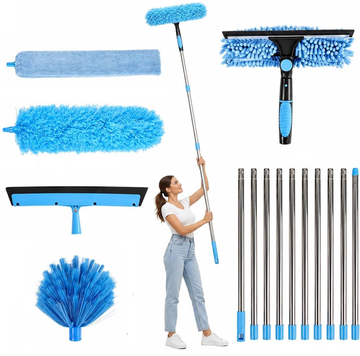 5-in-1 telescopische raamreinigingsset, set voor het afstoffen van hoge plafonds met koppelbare steel, inclusief plumeau voor spinnenwebben, reiniger voor ventilatorbladen, raamwasser met wisser en stofdoeken, Blauw