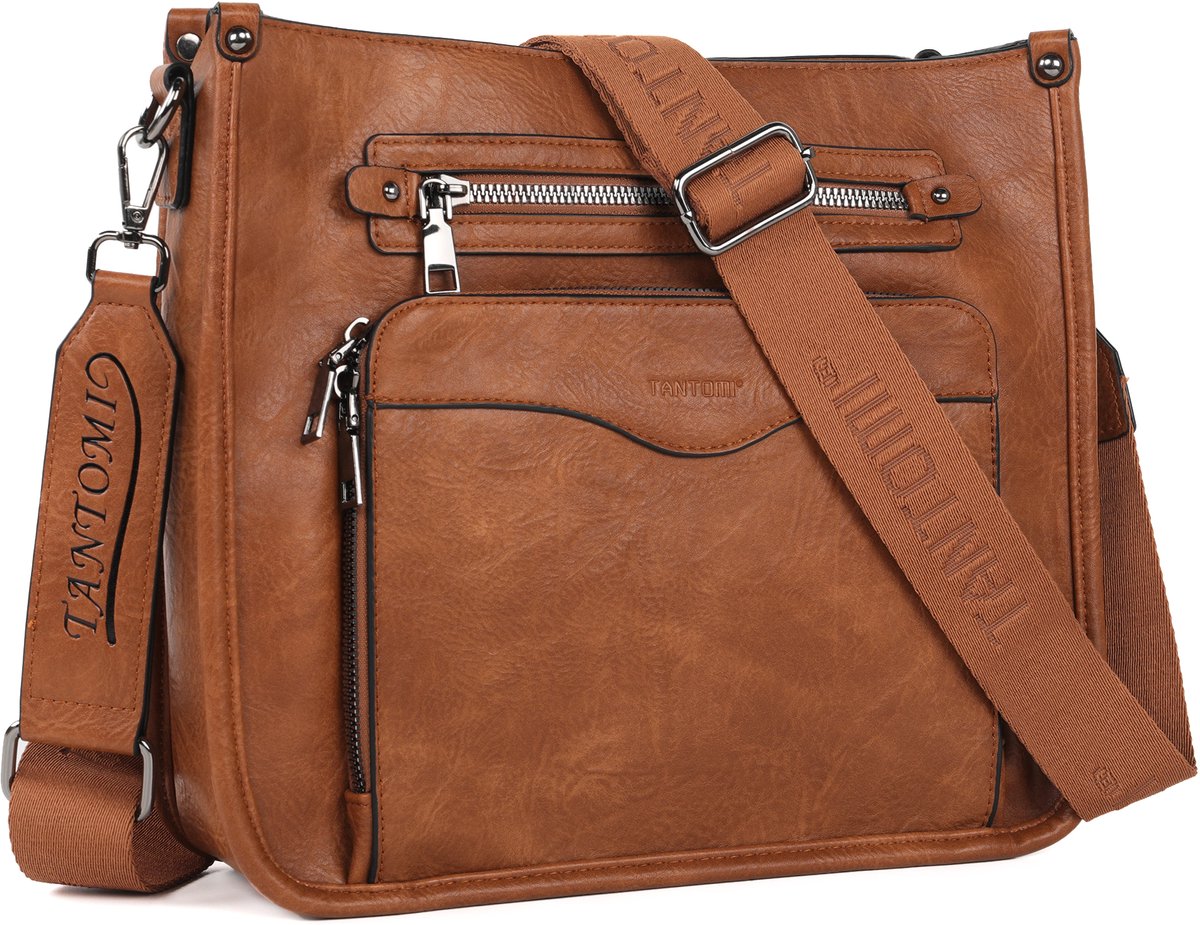 TANTOMI - Schoudertas Dames - met 6 RFID-Kaartsleuven - Multi-rits ontwerp - Middelgrote Schoudertas Dames Crossbodytas - met Brede Band Verstelbare en Afneembare - Lichtbruin