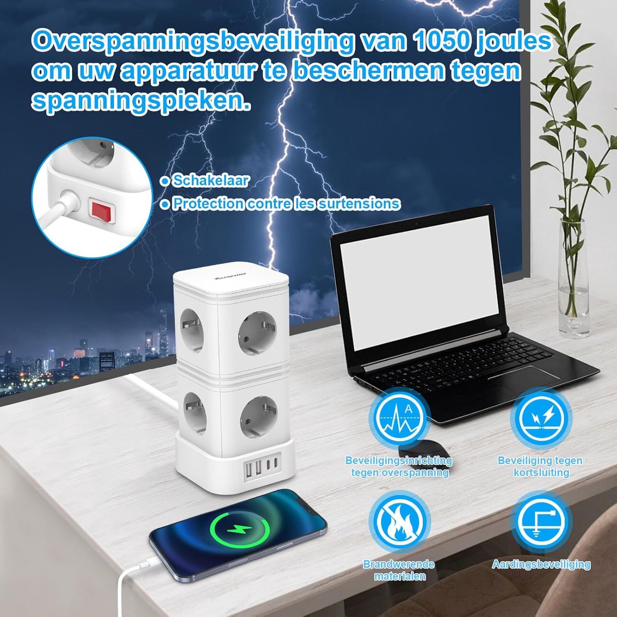 Thijox - Stekkerdoos 5 m met Overspanningsbeveiliging - 12-in-1 - PD20W 4 USB-poorten - 4000W/16A met Schakelaar - Wit
