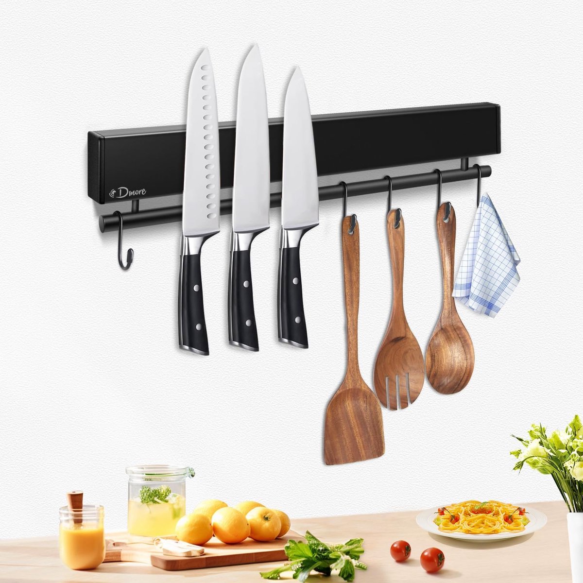 SnelShoppen - Magnetische Messenset 30 cm met 5 Haakjes - Zelfklevende Keukenhouder voor Messen en Gereedschap - Zwart, Multifunctioneel, Geen Boren N