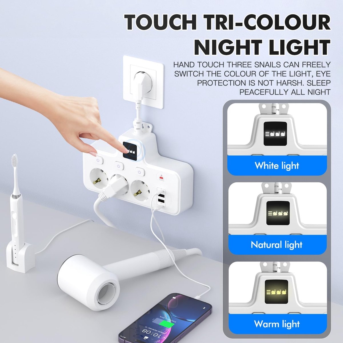 Thijox - Stekkerdoos 3-voudig met 2 USB A en 2 Type-C Snellaadpoorten, Aanraakscherm Nachtlamp met 3 Helderheidsniveaus, Stopcontactschakelaar voor Th