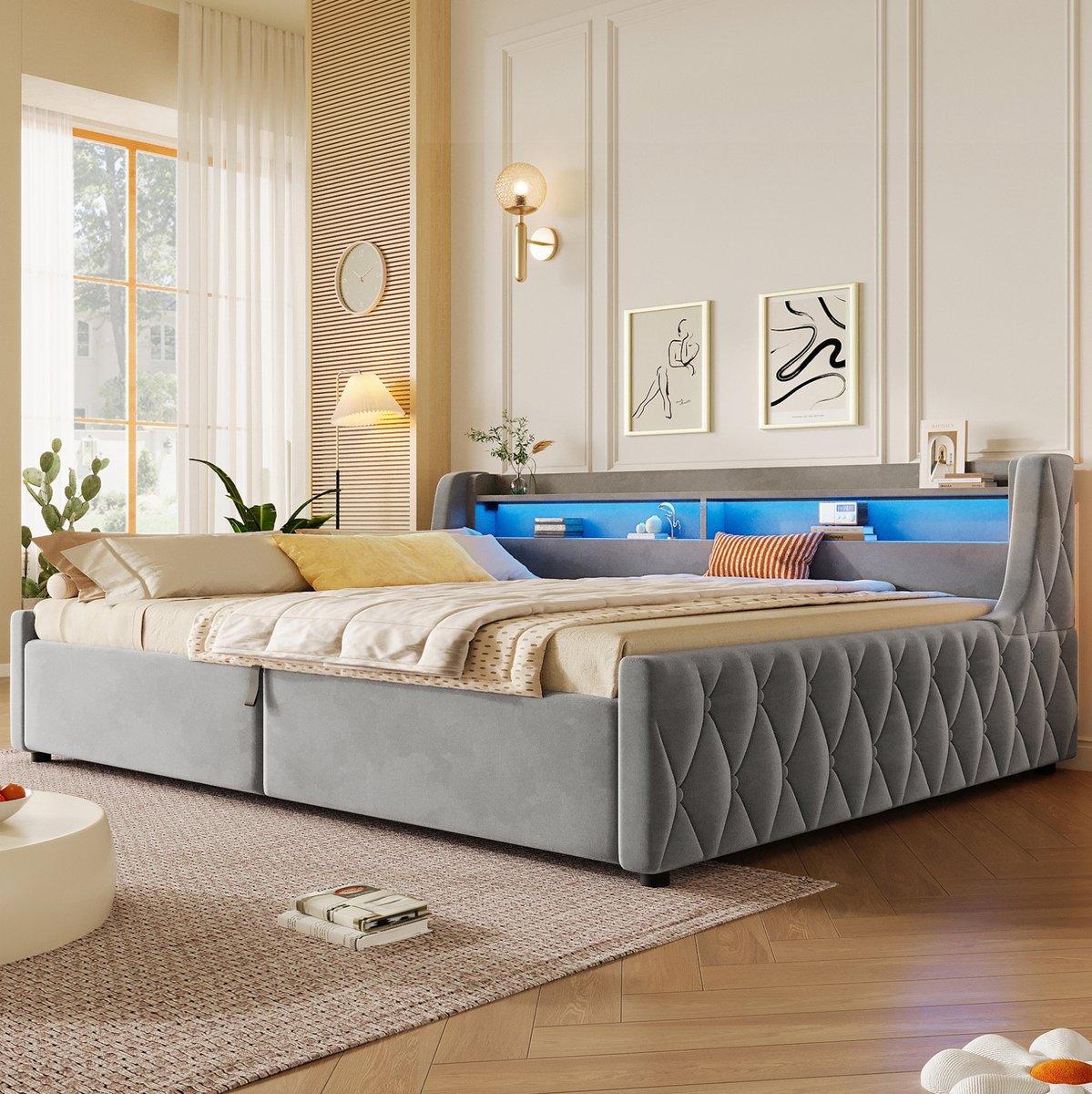 OKWISH Bed 140x200 cm - Met Led Hoofdbord en Hydraulische Opbergruimte - Zonder Matras - Voor Slaapkamer of Logeerkamer - Stof en MDF - Grijs