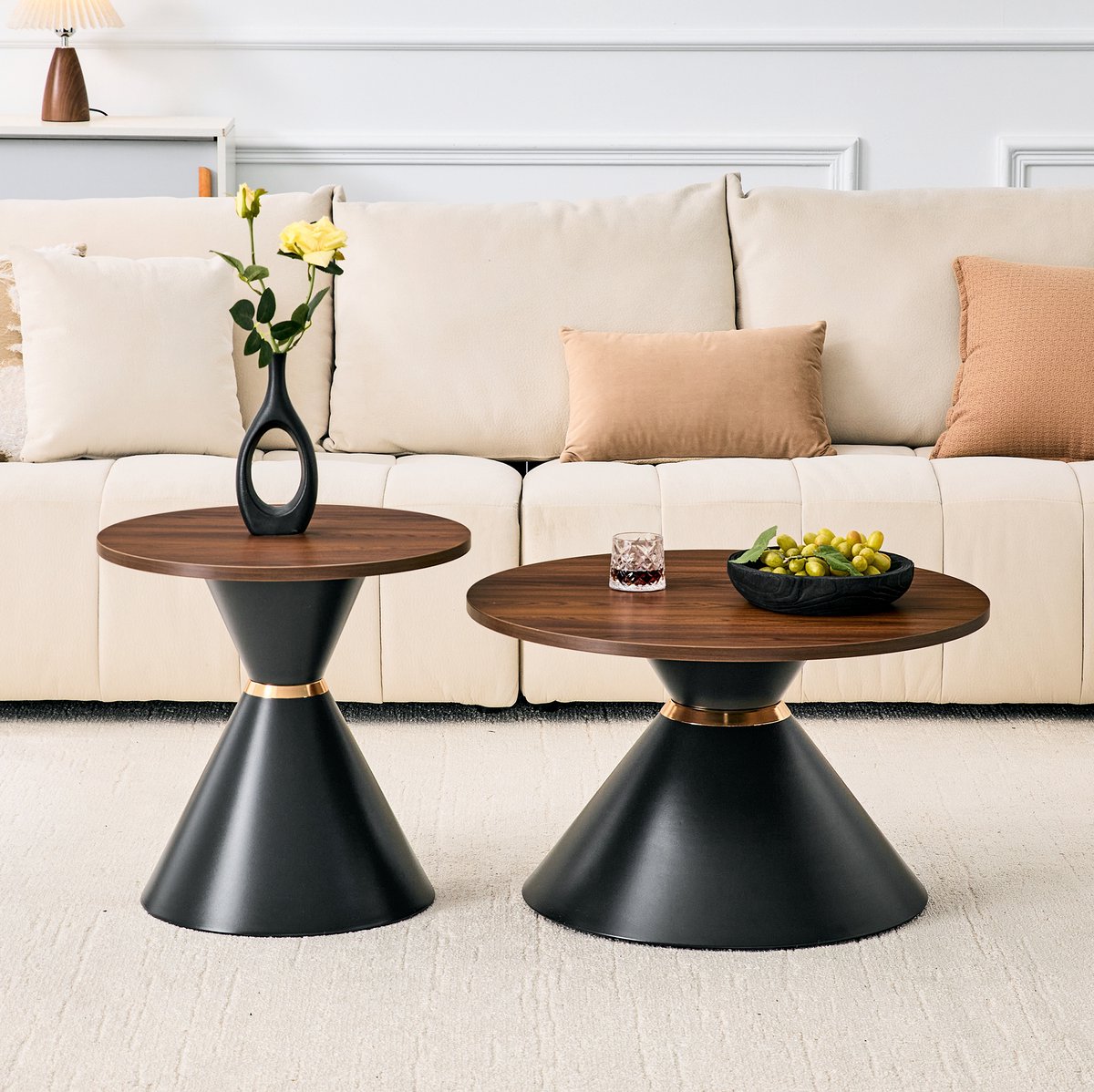 OKWISH Salontafel Set Van 2 – Rond Konusdesign – Ruimtebesparend Voor Woonkamer Slaapkamer En Kantoor – Walnootlook En Zwart Metaal