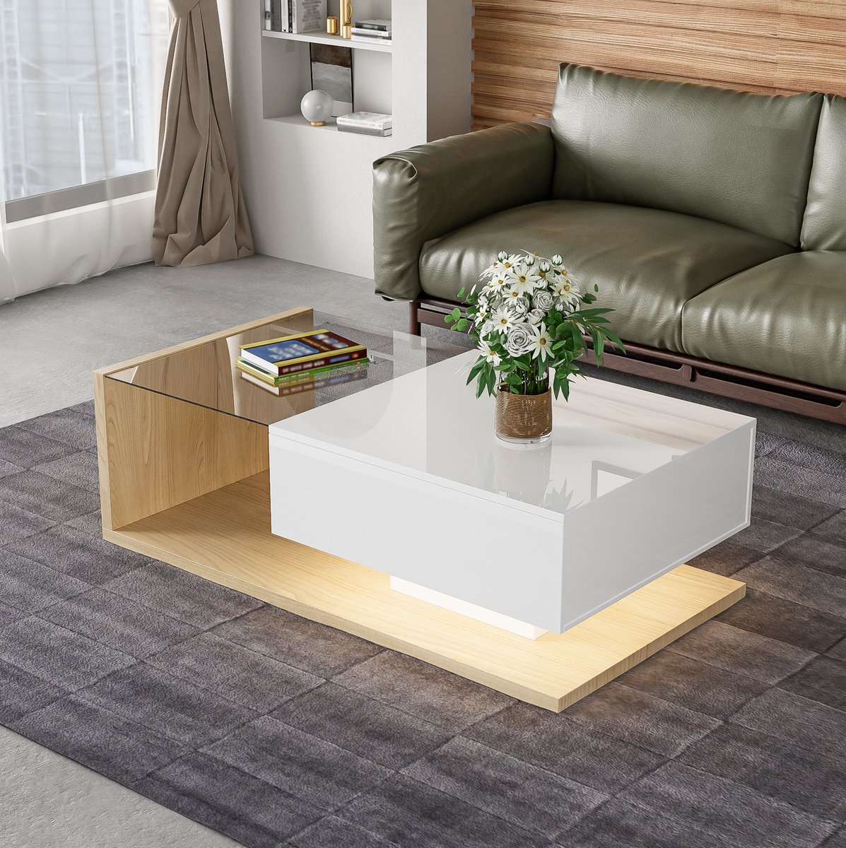 COVREO Salontafel 105 x 55 x 32,5 cm - glasblad, opbergruimte, hoogglans wit en houtkleur