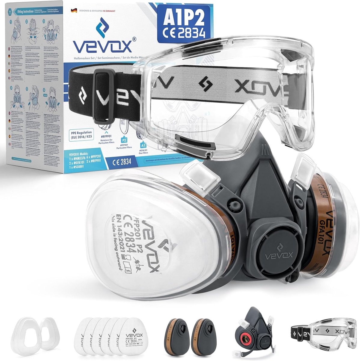 Thijox - Herbruikbaar Gasmasker met A1P2 Filter - Comfort Max Afdichting - Bescherming tegen Deeltjes, Gassen en Dampen - Incl. 6 P2 Deeltjesfilters e