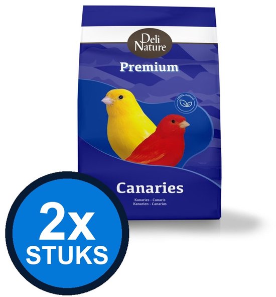 Verpakking Deli Nature Premium voor kanaries, met een gele en rode kanarie afgebeeld. "2x STUKS" label.