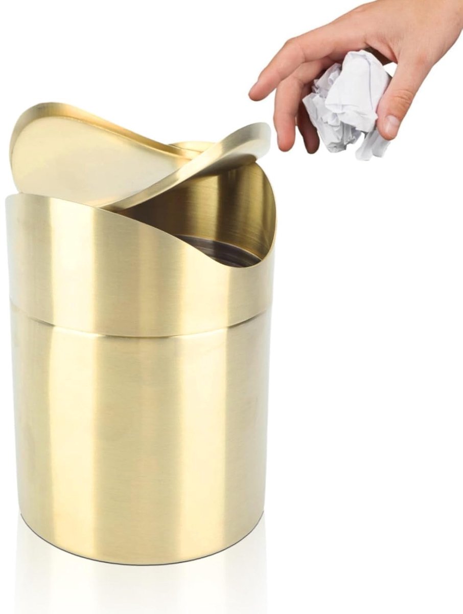 Thijox - Mini-prullenbak Op Aanrecht, Roestvrijstalen Draaideksel Vuilnisbak, Compacte Gouden Desktop-prullenbak voor Keuken, Thuis, Kantoor, 2 Liter