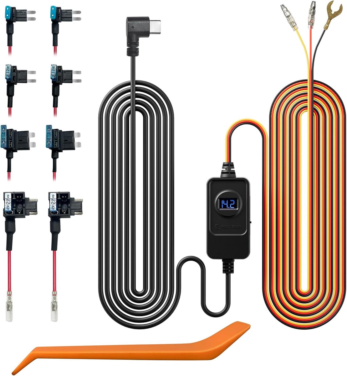 SnelShoppen - Hard Cable Kit voor Dashcam USB C, 12V-24V naar 5V met Laag Voltage Bescherming en Vervangbare Zekering, Eenvoudige Installatie, Compati