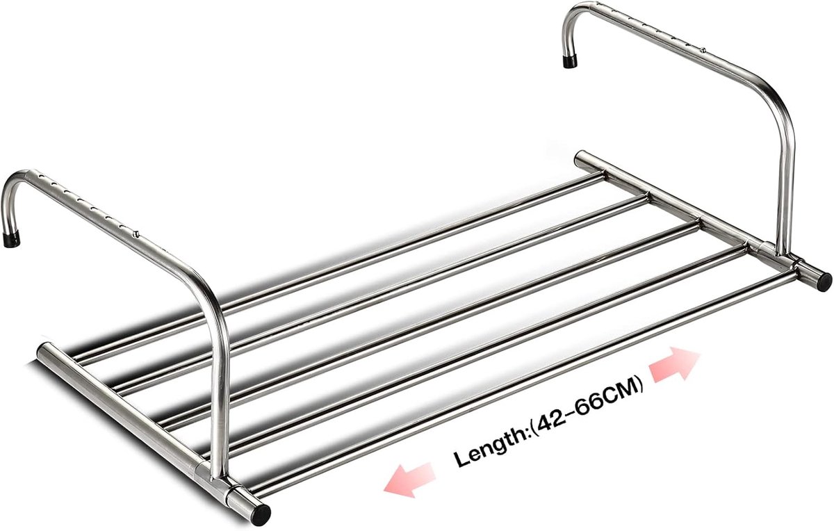 Thijox - Uittrekbaar Wasrek Balkon, Handdoekhouder en Wasdroger voor Binnen en Buiten, Roestvrij Staal (42-66 cm), Ruimtebesparend, Muurbevestiging