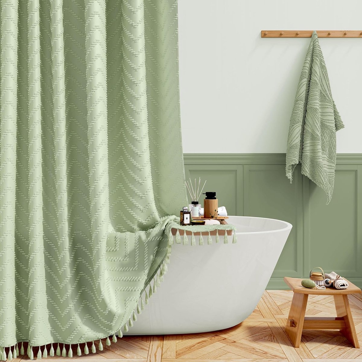 Thijox - Boho Farmhouse Douchegordijn Groen Getuft Chevron met Kwasten, Duurzaam en Wasbaar, Vintage Bohemian Rustiek 182 x 200 cm, 12 Haken
