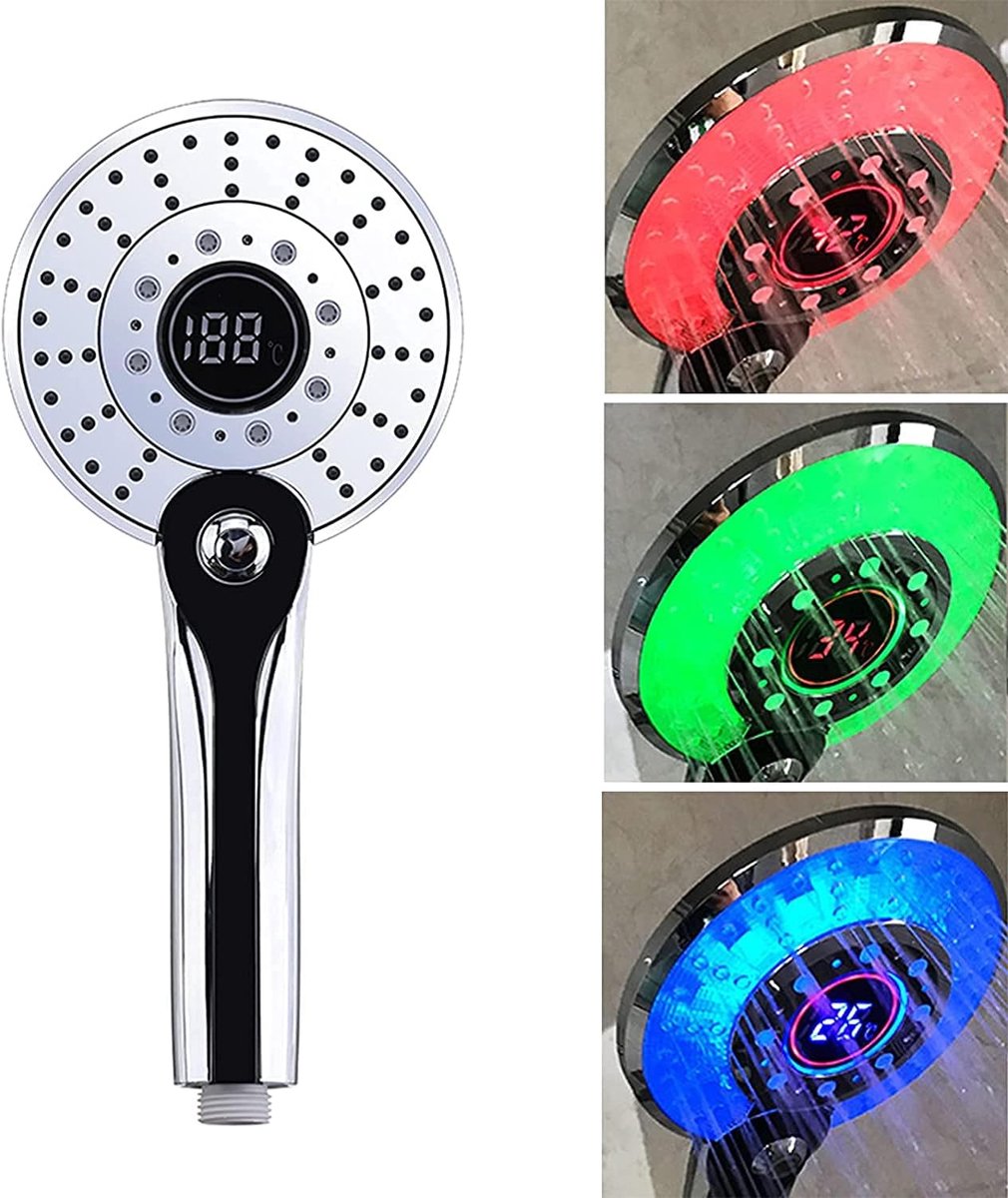 Thijox - Led-douchekop Regendouche met Digitale Temperatuurweergave, Kleurverandering, Handdouche, Waterbesparend, Drukverhogend, Chroom, 3 Kleuren